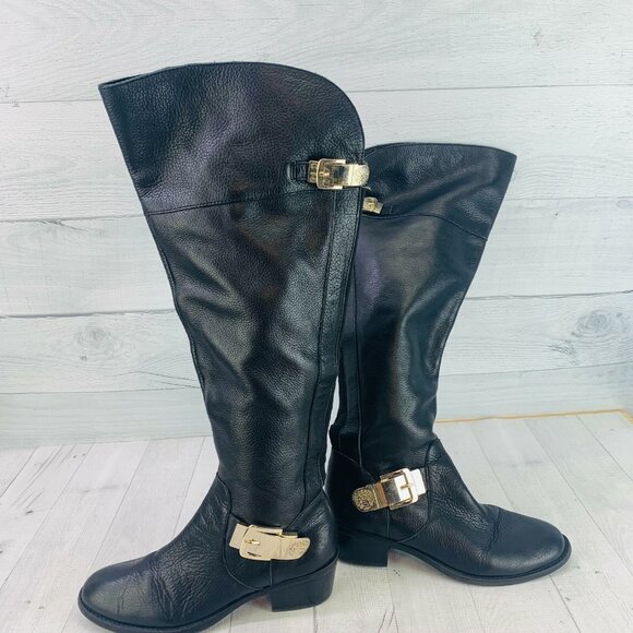 Vince Camuto BOCCA Black Leather Buckles Zip Over Knee The Riding Boots Sz 6.5 - Picture 2 of 7